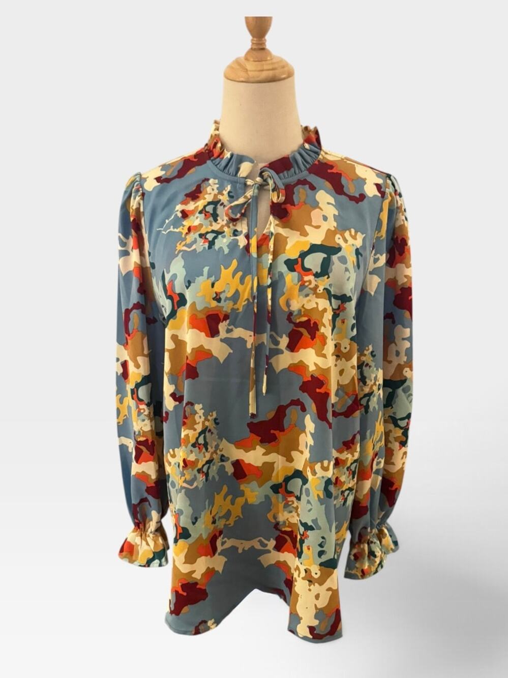 Jodifl Blue Modern Camo Blouse w/ Ruffle Neck & Sleeve, Size M